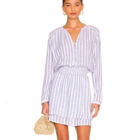 Rails Jasmine Dress in Blue Size XS Linen Blend Long Sleeve Ruffle Mini - Picture 8 of 9